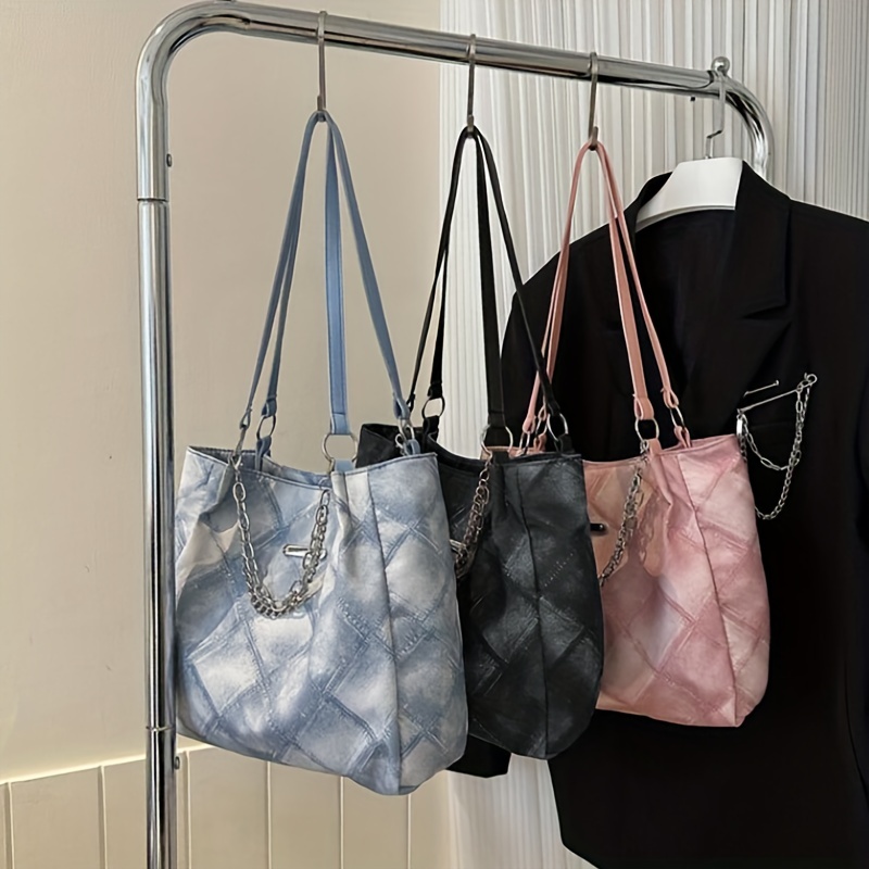 Rhombus Pattern Denim Tote Bag, Trendy Chain Shoulder Bag, Women's Zipper  Handbags For Work & School - Temu