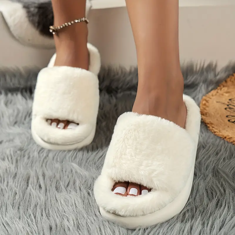 Cozy Fluffy Furry House Slippers Single Band Open Toe - Temu