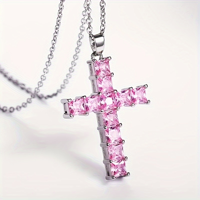 Set Collier & Bracelet Croix - Cadeau Fille Pour Communion, Baptême, Anniversaire (13, 16, 18 Ans) - Rose Et Blanc - 9