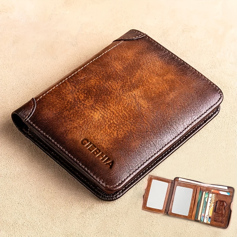 

Handmade Leather Wallet, Genuine Leather Rfid Wallets For Men Vintage Thin Short Multi Function Id Credit Card Holder Money Bag Give Gifts To Men On Valentine's Day Unisex Bag For Daily Use