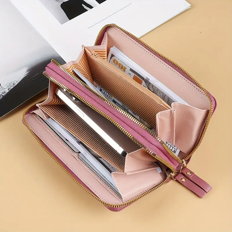 fashion double zipper long wallet argyle pattern clutch bag womens wrist coin purse mobile phone bag 3