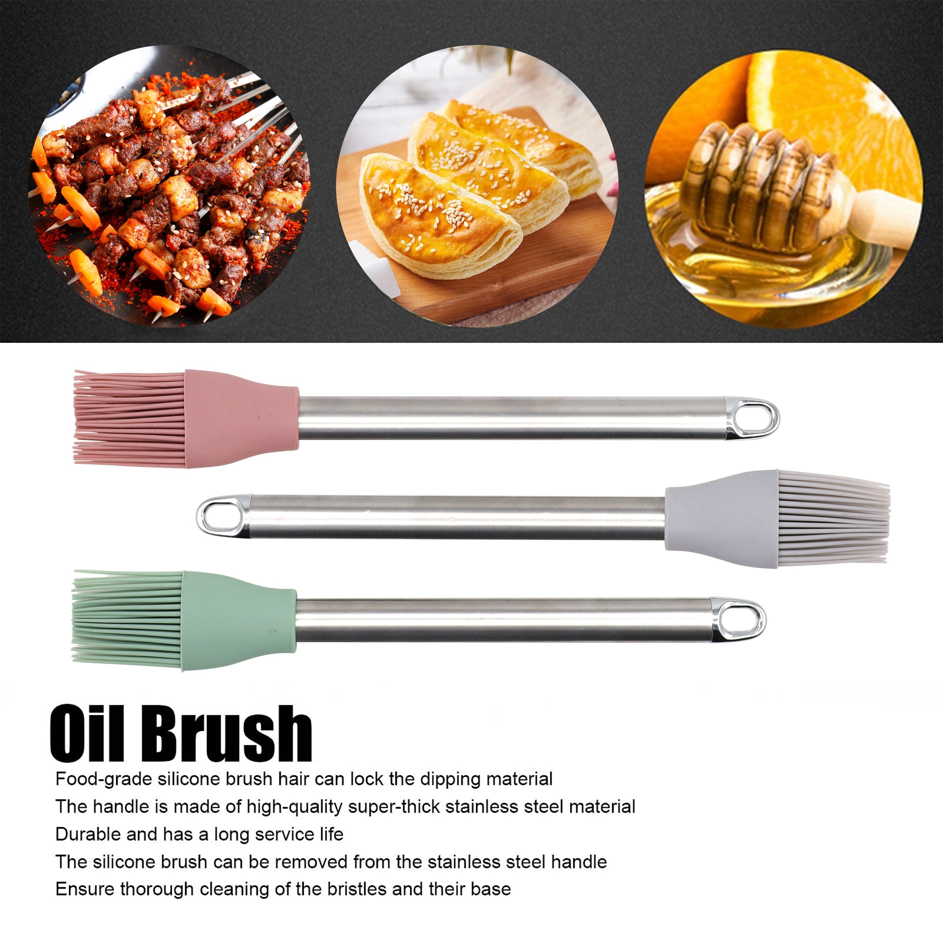 Silicone Kitchen Oil Brush BBQ Grill Basting Stainless Steel Handle Pastry  Brush