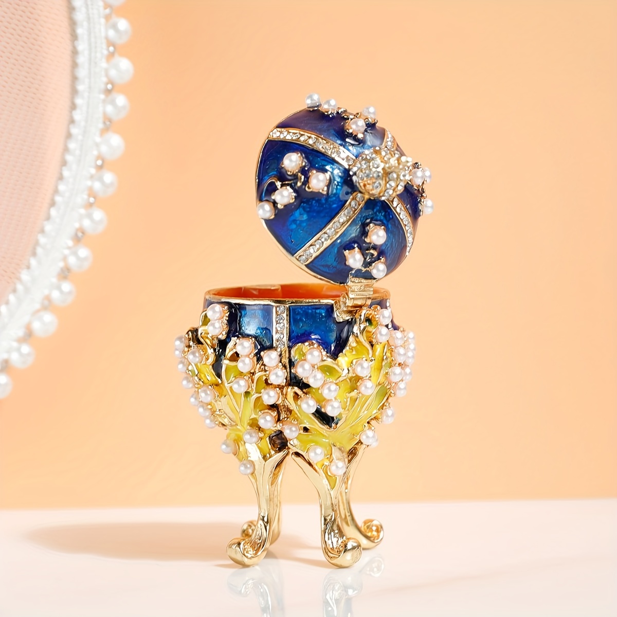 Hand Painted Enameled Egg Shape Box, Unique Trinket Box