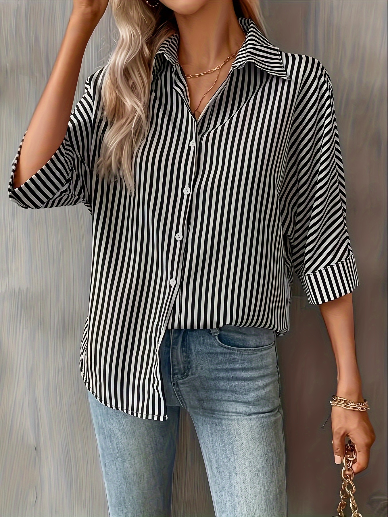 Striped Print Simple Tunics Casual Button Front Short Sleeve - Temu