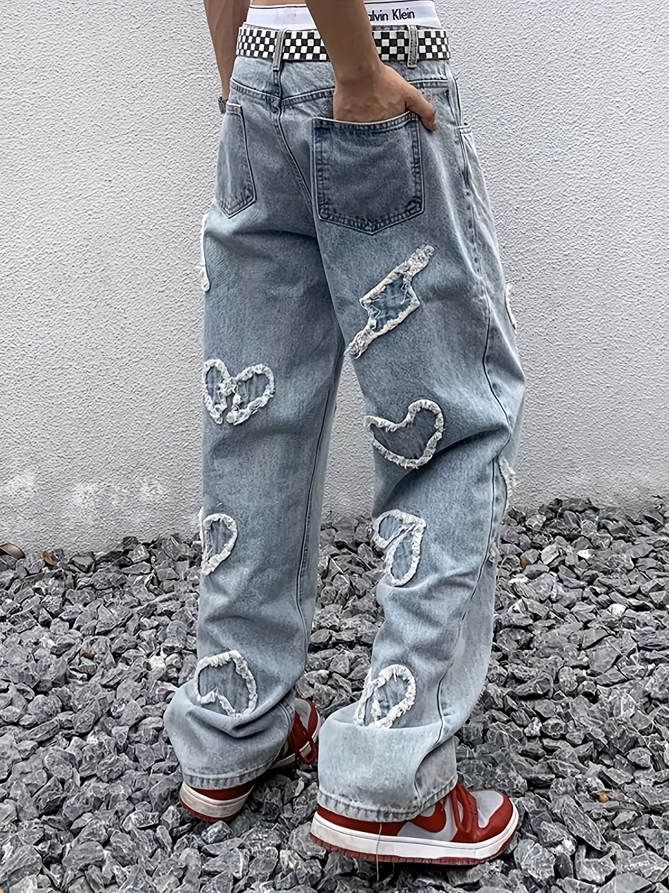 Kpop Loose Fit Heart & Lightning Embroidery Jeans, Men's Casual Street  Style Vintage Wide Leg Denim Pants