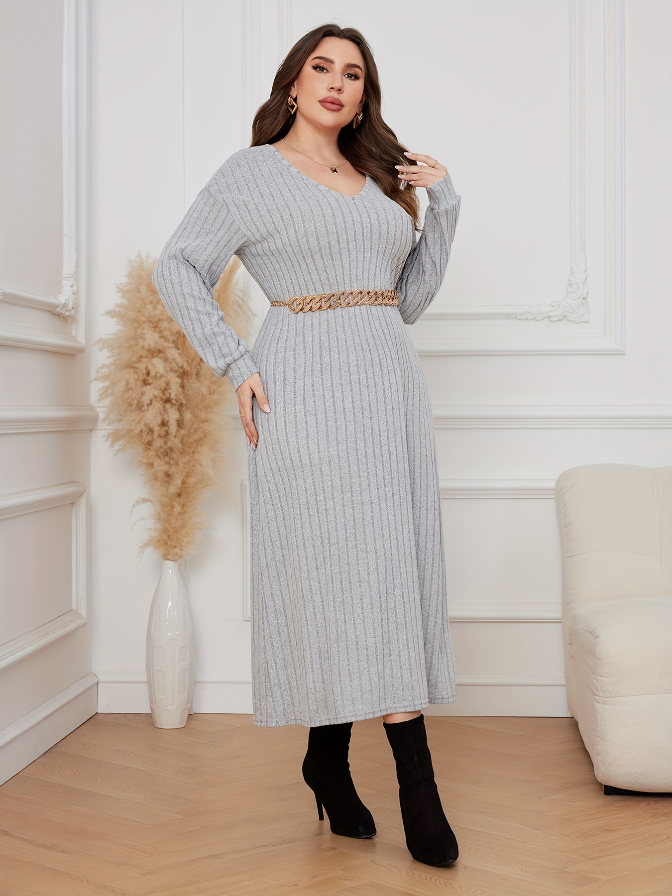 Plus Size Casual Dress Women's Plus Solid Ribbed Drop - Temu