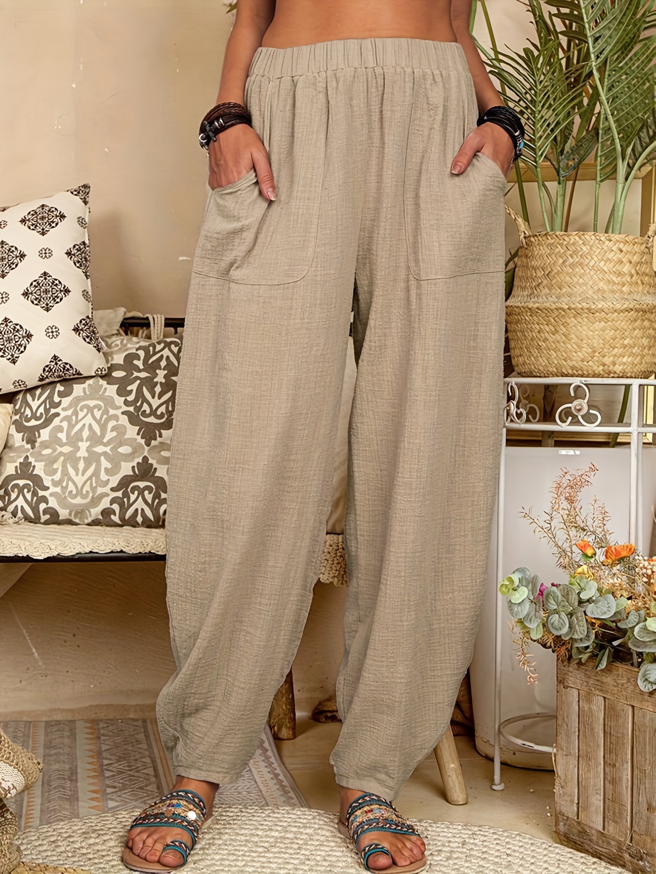 Summer Women's Pants Cotton Linen Large Size Casual Loose Ankle-length  Capri Pants Drawstring Harem Pants Women's W…