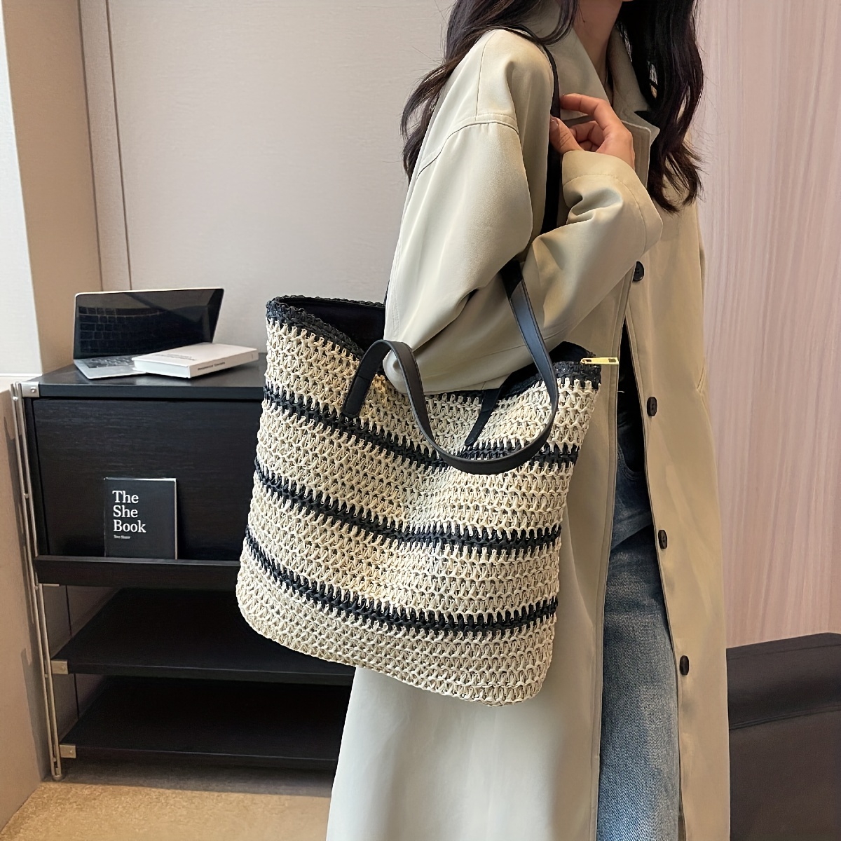 New Fashion Portable Bucket Bag, Casual Woven Handbag