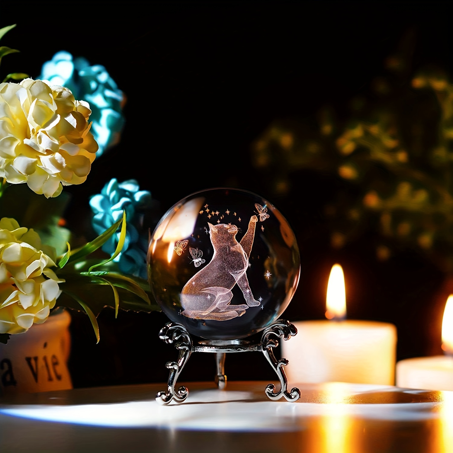 3D Laser Cat And Butterfly Crystal Ball Decorative Home Decor Gift
