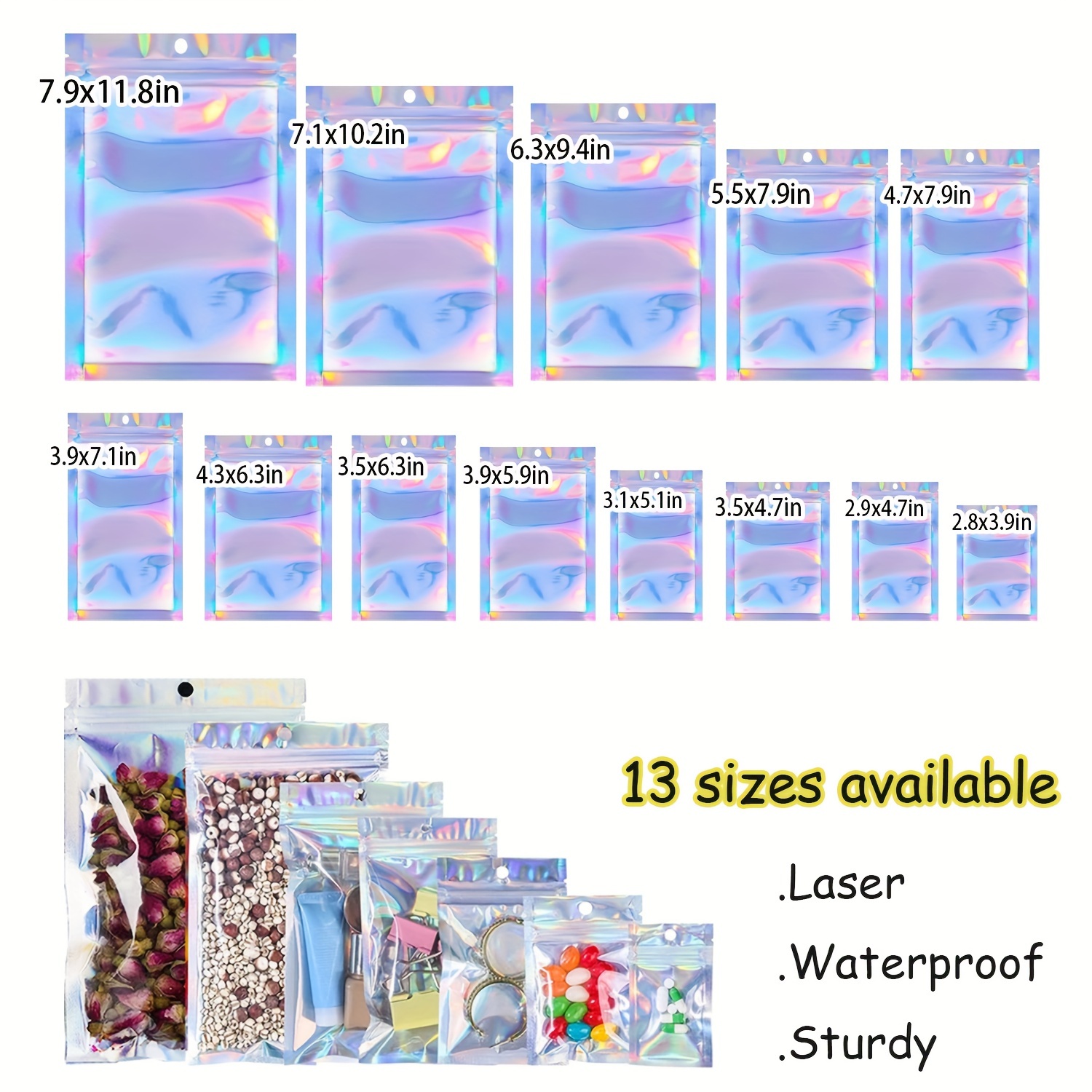 

50pcs/100pcs Resealable Metallic Foil Laser Packaging Bags In 13 Different Sizes - Mylar Bags With Clear Front Ziplock, Durable Food Storage Pouches For Jewelry, Beads, Candy Snacks