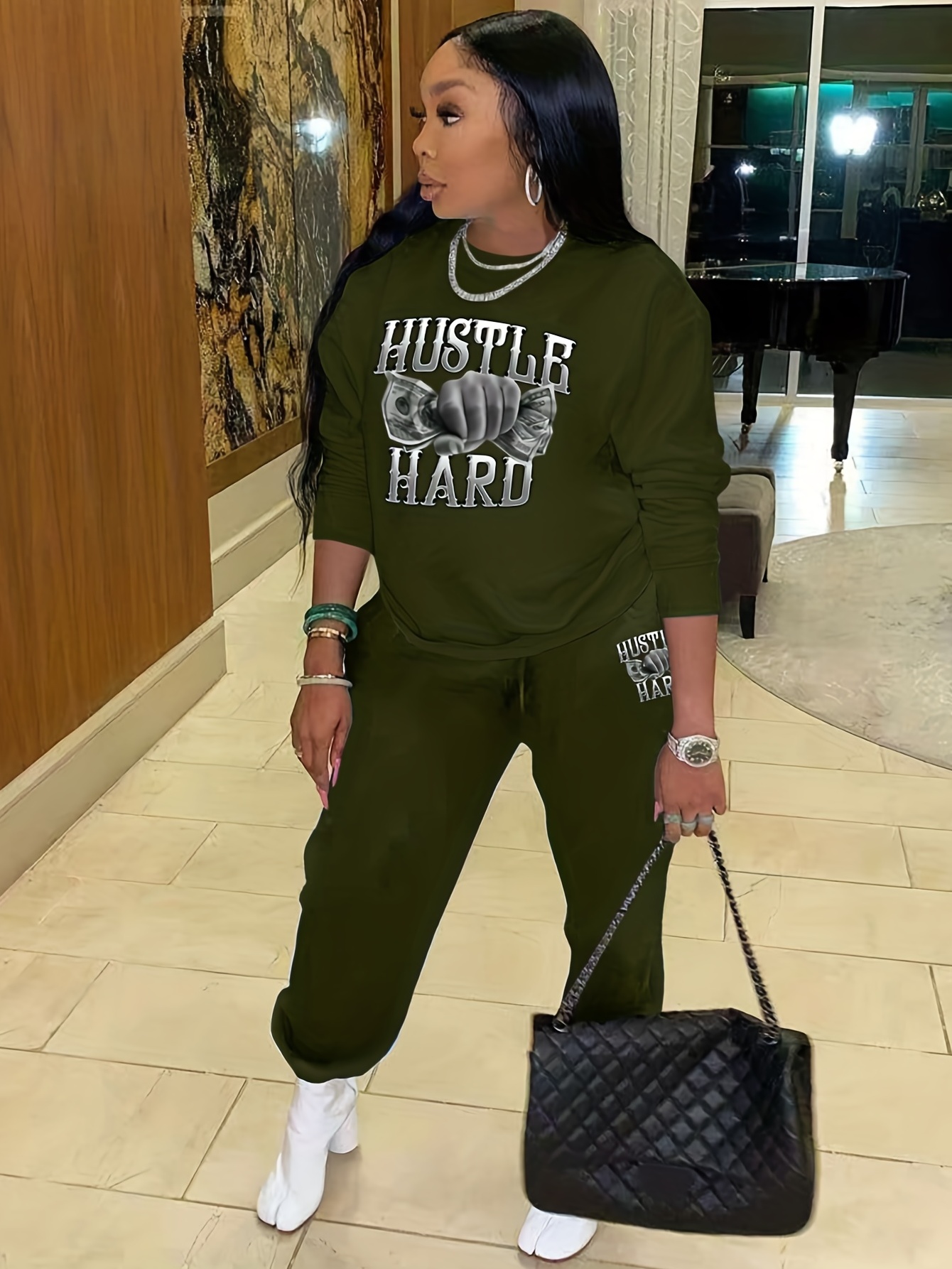 Hustle Hard Print Two-piece Set, Crew Neck Long Sleeve Tops & Long