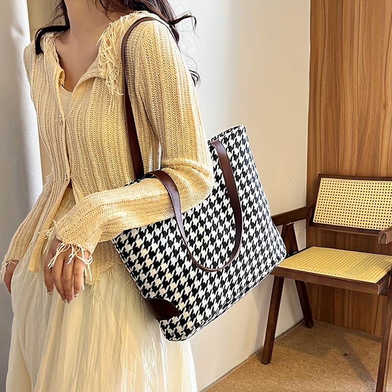 Houndstooth Pattern Tote Bag, Large Capacity Shoulder Bag, Versatile Handbag  For Commuter, Shopping - Temu