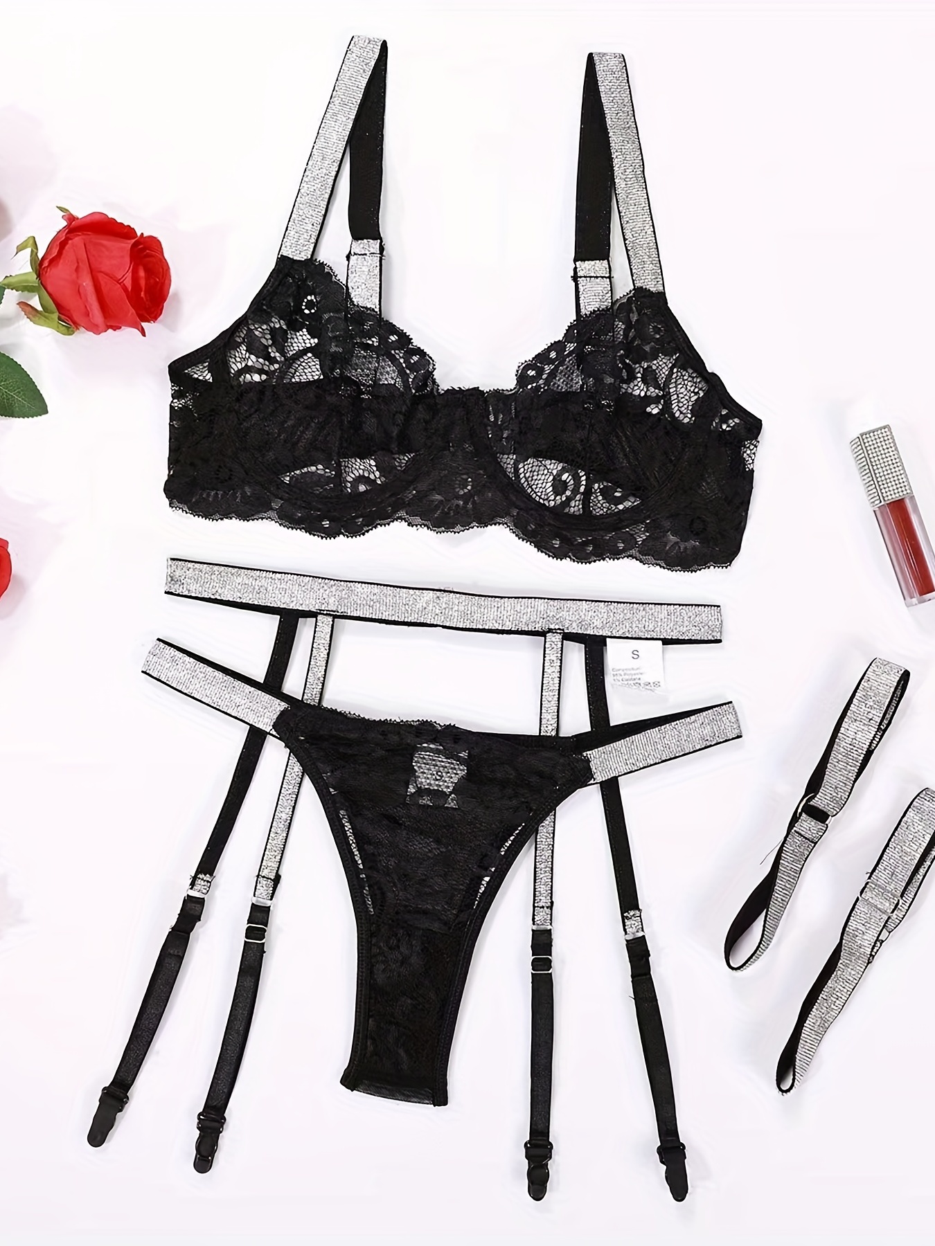 Sexy Floral Lace Lingerie Set, Triangle Cup Hollow Bra & Semi-sheer ...