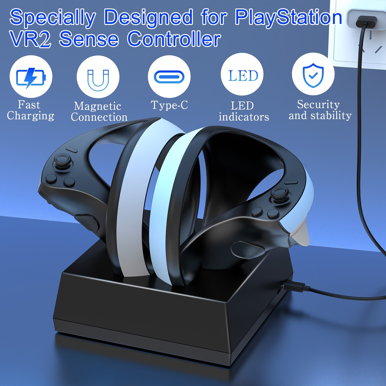  Controller Charging Dock for PS5 VR2, PSVR 2 Charging Station  with VR Headset Holder Display Stand, PS VR2 Controller Charger for PSVR2  Accessories with Led Indicator, 2 Magnetic Clasp & Type-C