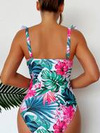 tropical floral leaf print ruffle trim one piece swimsuit twist high cut stretchy v neck bathing suit womens swimwear clothing