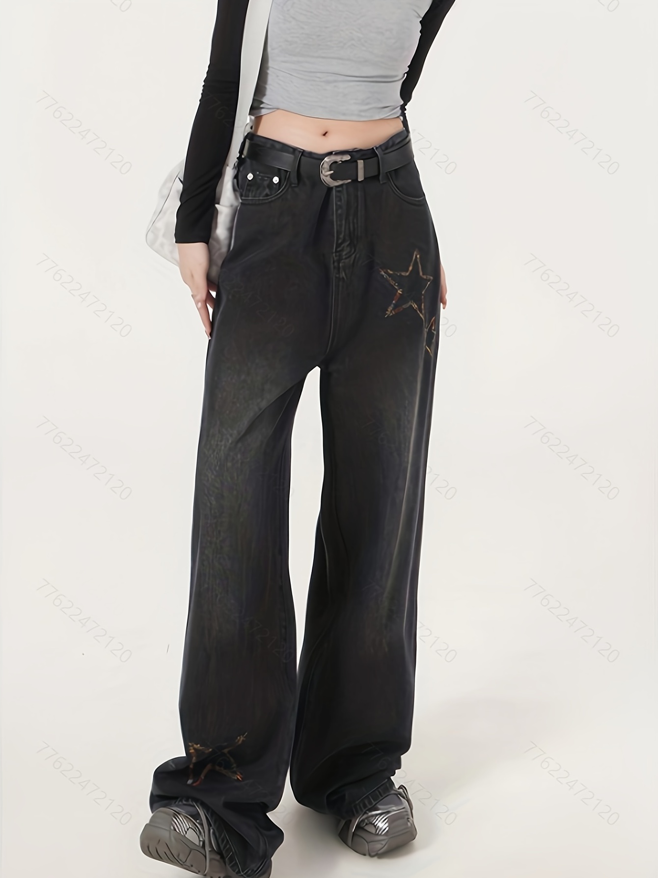 Star Letter Graphic Loose Cargo Jeans, Black Wide Leg Baggy Denim Pants,  Punk Street Style, Women's Denim Jeans & Clothing