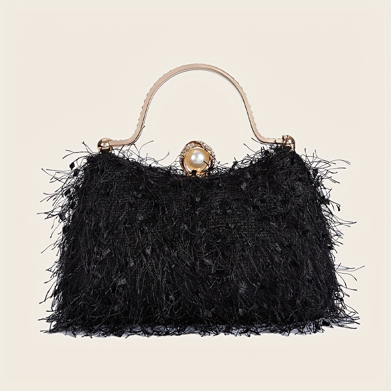 Women Ostrich Feather Purse Ostrich Tote Bag Fluffy Feather Purse Fringe  Clutch Evening Handbag for Party Prom Black