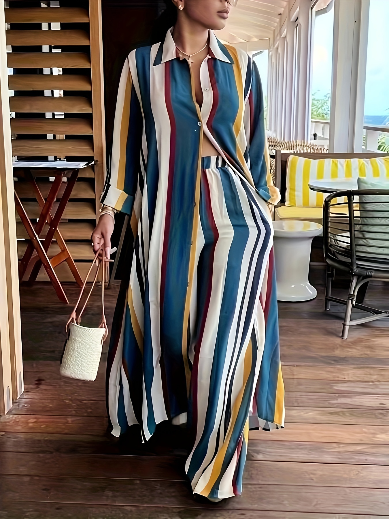 Plus Size Casual Outfits Set Women's Plus Stripe Long Sleeve - Temu