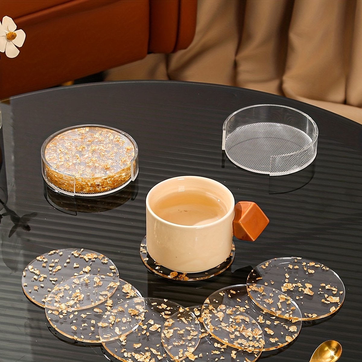 CHENRUI Set of 3 Gold Foil Acrylic Coasters, Drink Coasters (Round)