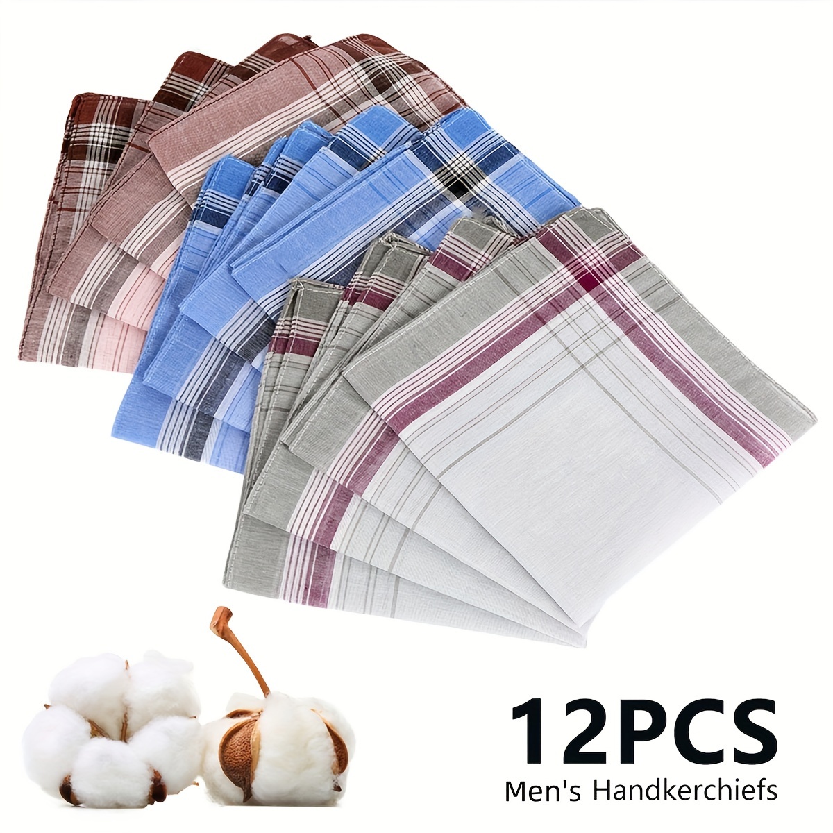 

12pcs Men's Cotton Thin Handkerchiefs, Stripe Plaid Pattern Handkerchiefs, For Men Women