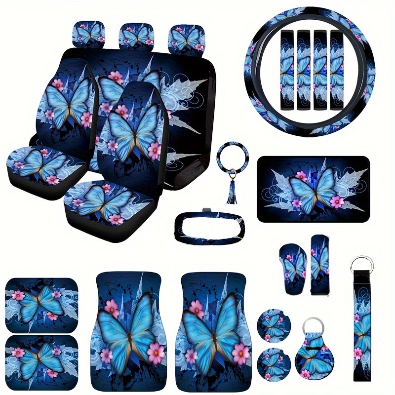 

22pcs Butterfly Seat Covers Full Set Universal Car Accessories Rubber Steering Wheel Cover License Plate Frame Mirror Fit For Suv Cars (blue Style)