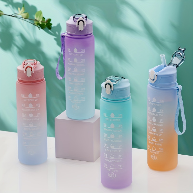 1pc Water Bottles With Times To Drink And Straw, Motivational