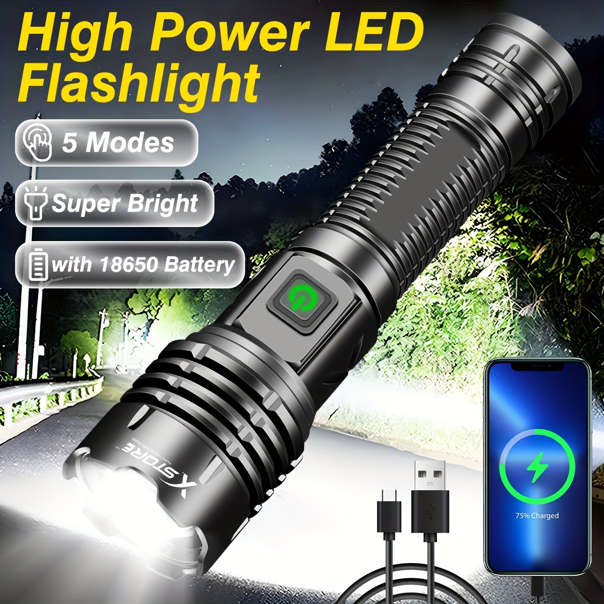 Puissante batterie rechargeable pour éclairage d'urgence à LED tactique  26650 Lampe torche aluminium LED 4 modes lampe de camping Zoomable - Chine  Lampe de poche, lampe de poche à zoom