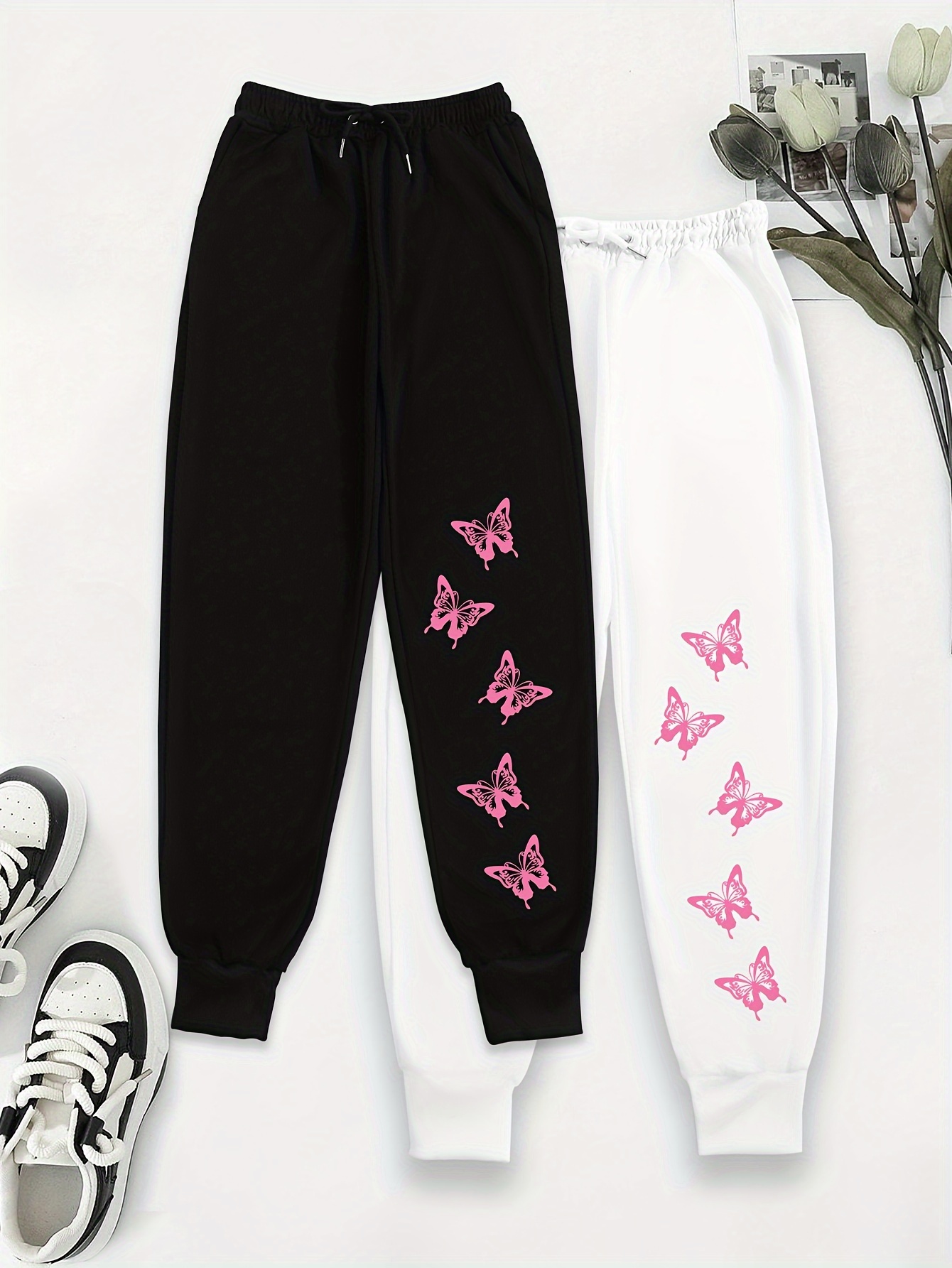 Butterfly Print Jogger Sweatpants 2 Pack Casual Drawstring Sporty Pants With Pocket Women s Clothing