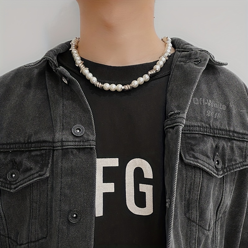 Thorns Stitching Pearl Necklace Choker for Men