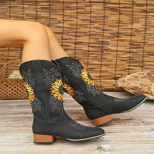 Women's Sunflower Embroidery Cowboy Boots Retro V cut Pull - Temu Canada