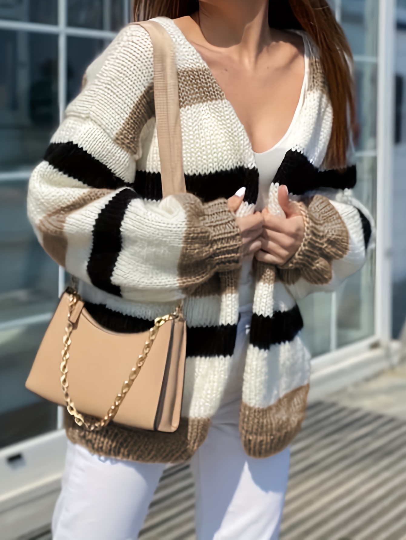 Color Block Striped Knit Cardigan Casual Open Front Long - Temu Canada