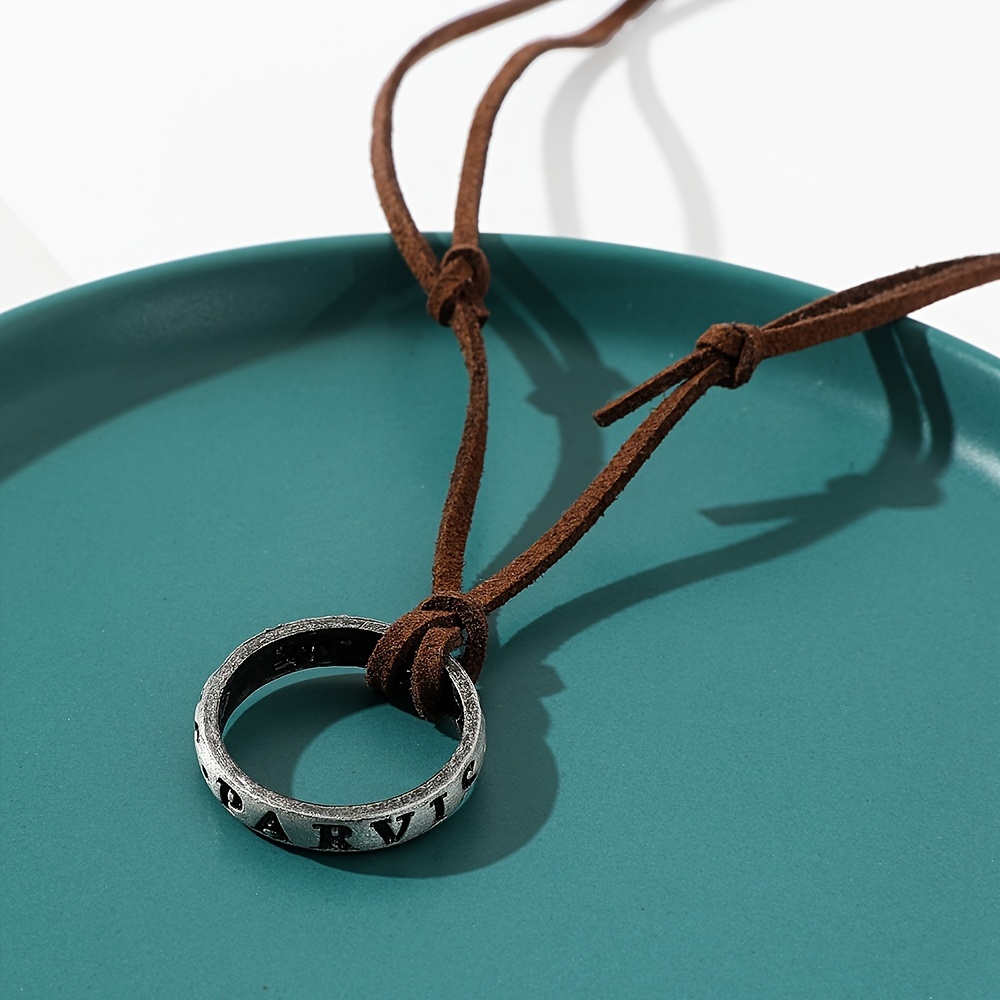 Men's Adjustable Brown Leather Chain Pendant Necklace with Ring