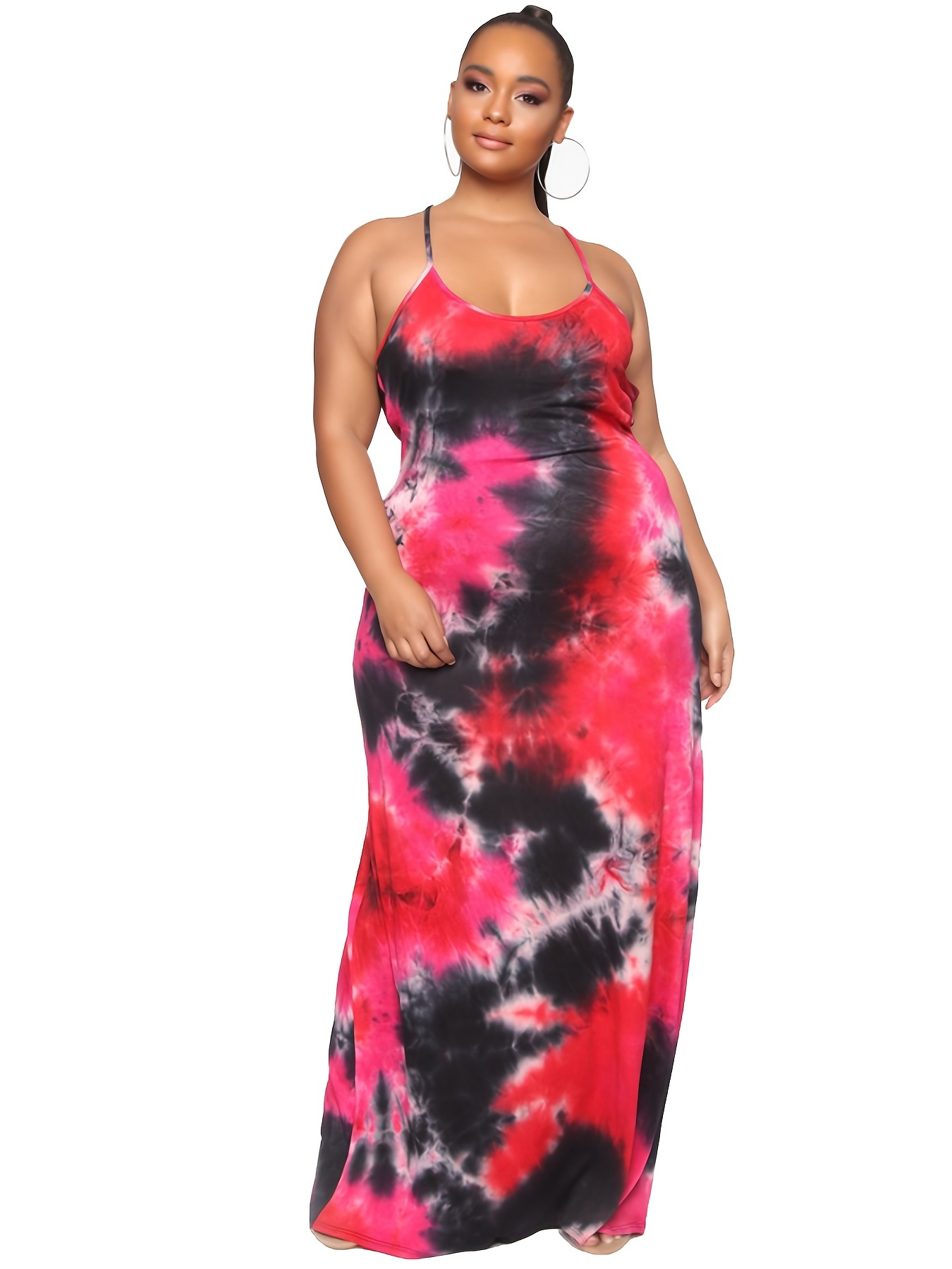 Plus Size Tie Dye V Neck Loose Cami Maxi Dress; Women's Plus