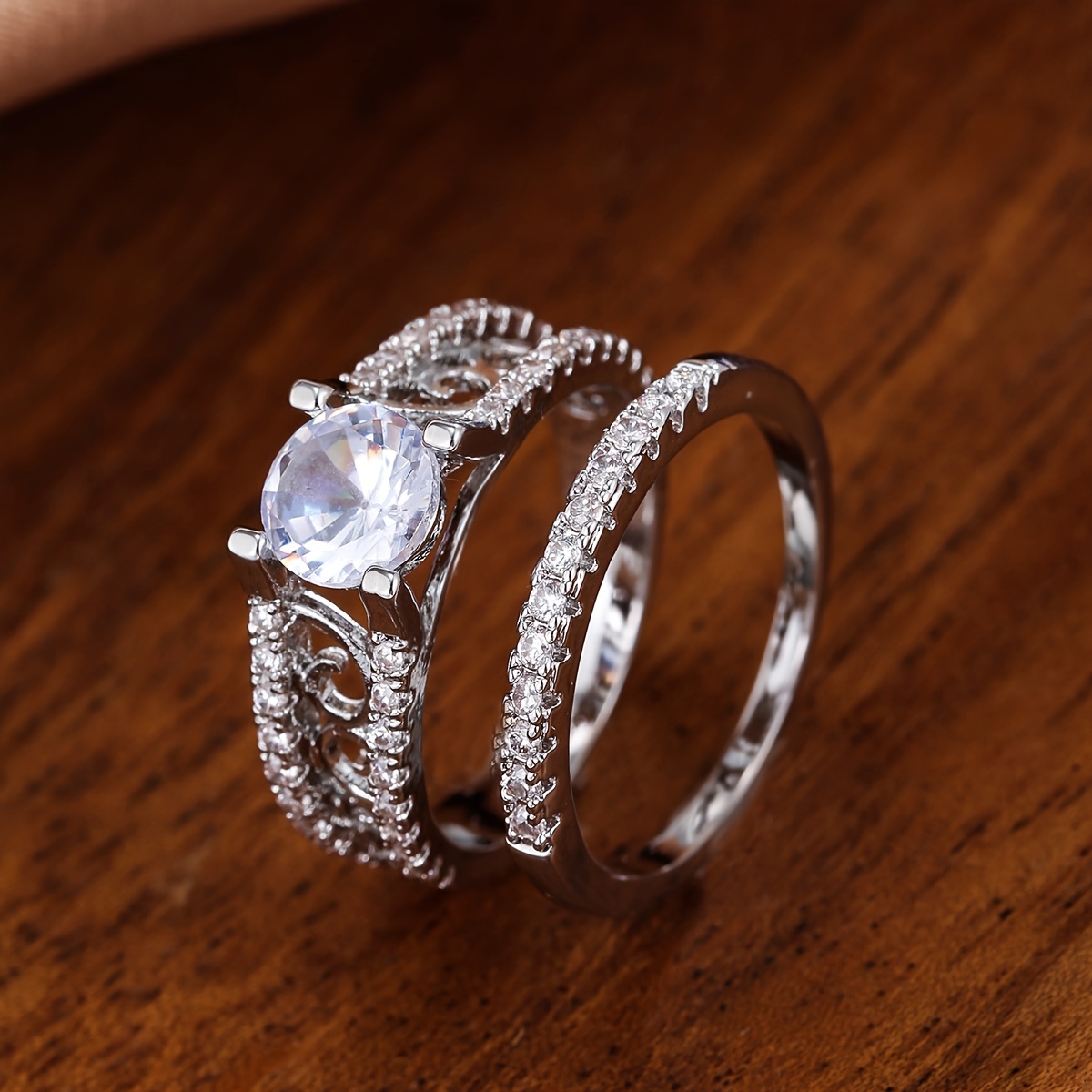 Juego de anillos para parejas para mujer, chapados en oro de 14 quilates, 3  piedras, anillo de compromiso chapado en oro para hombre, anillo de boda