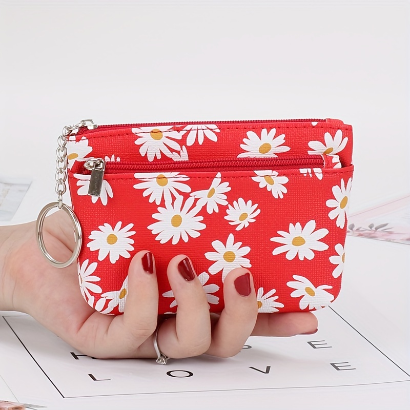 Floral Coin Purse Pouch Change Wallet Card Holder with Zipper Keychain Key Ring for Girls,Temu