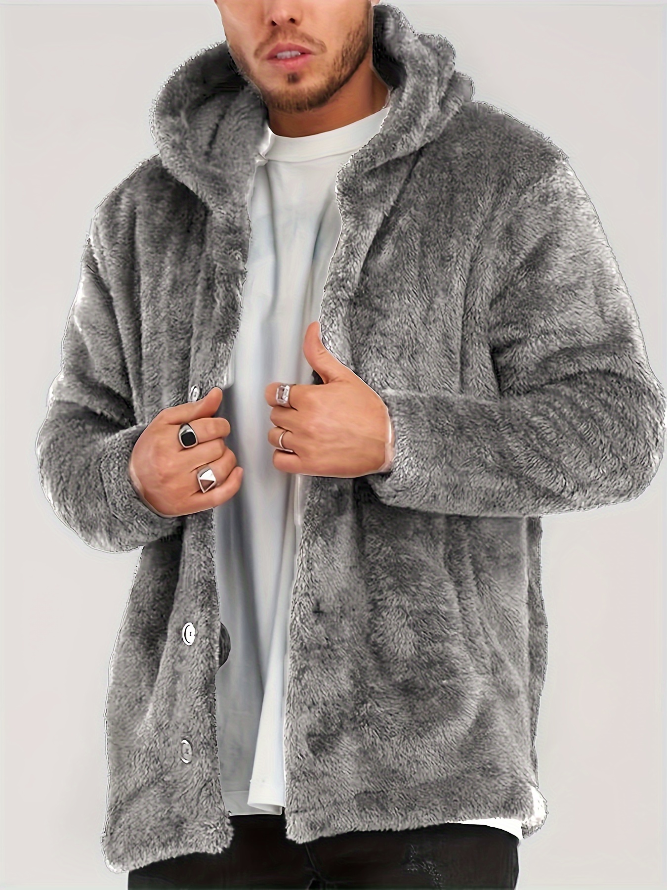 Men Warm Winter Zip Hoodie Jacket Faux Fur Fleece Lined Oversize Coat Wool  Blend