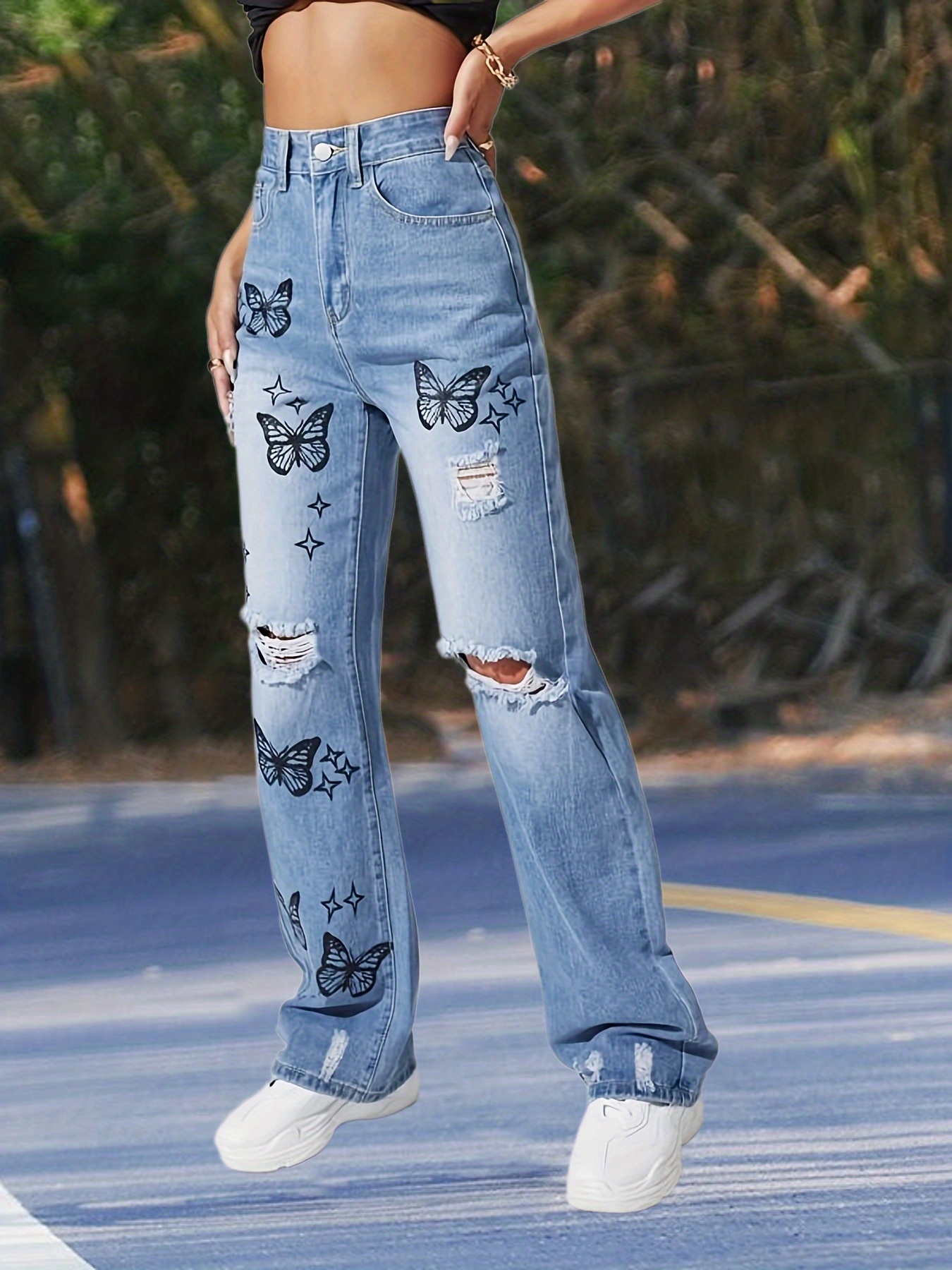 Loose Butterfly Printed Jeans for Women Casual Straight Pants High Waist  Denim Trousers Jeans,L