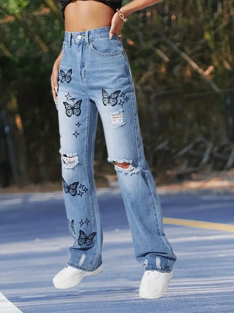 Butterfly Print Ripped Blue Straight Jeans Slash Pockets - Temu Israel