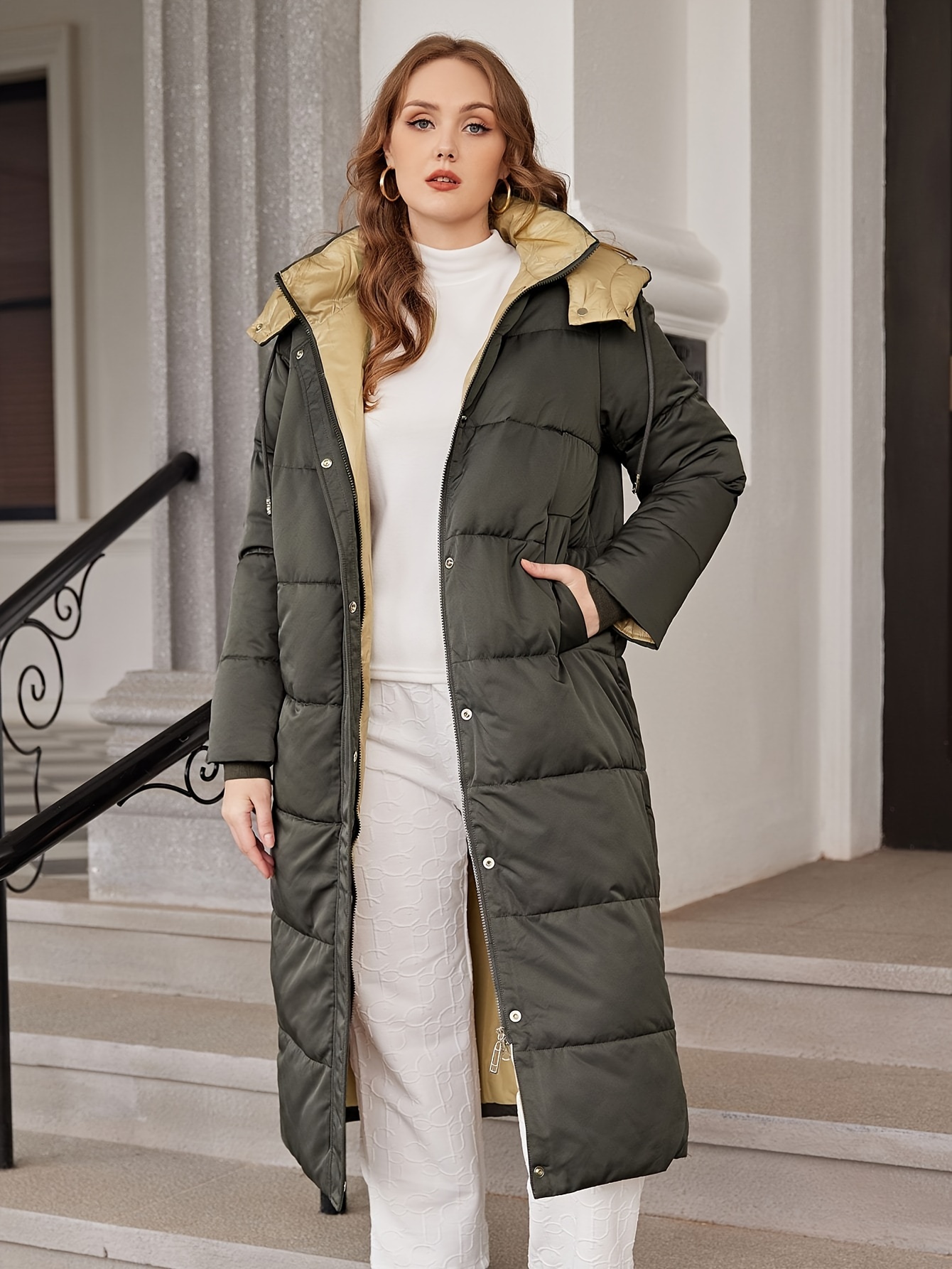 Plus Size Casual Winter Coat Giacca Puffer Lunga Cappuccio - Temu Italy
