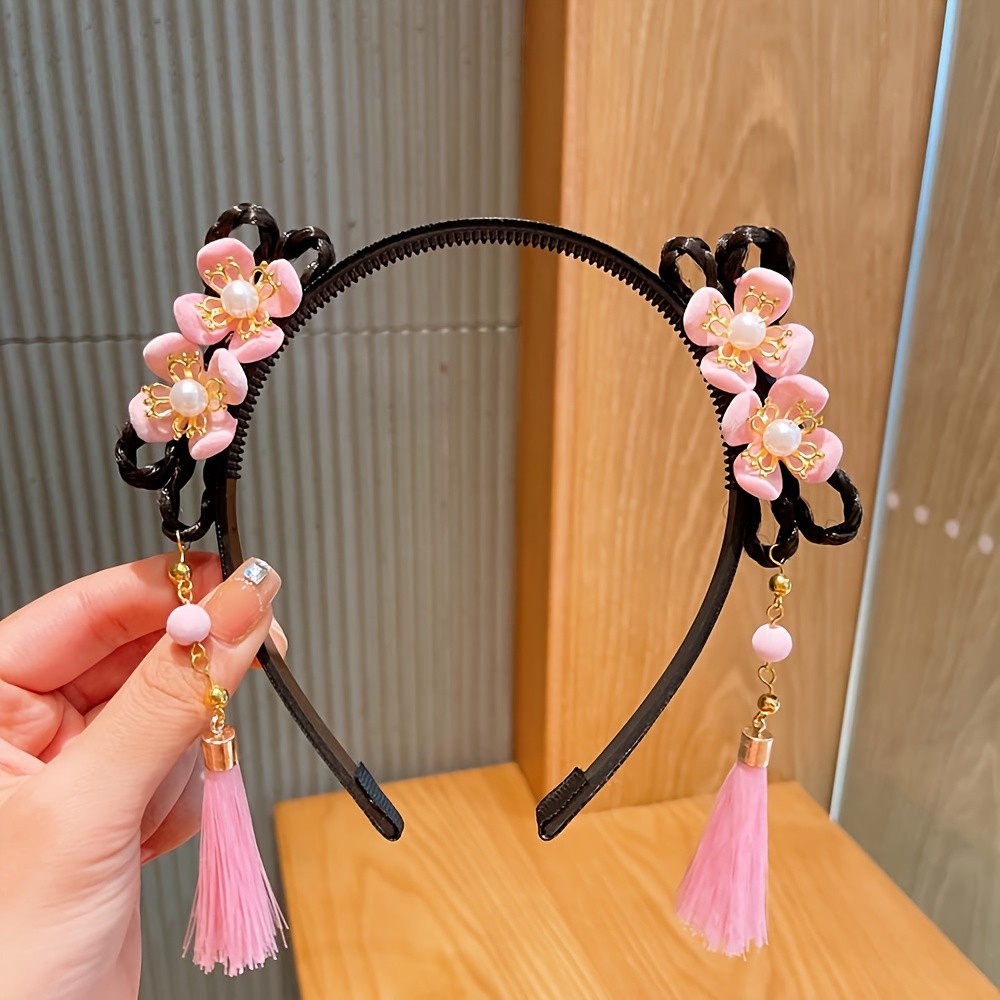 Braided Hair Band With 2 Pairs Silk Tassel Earrings - Baby Pink