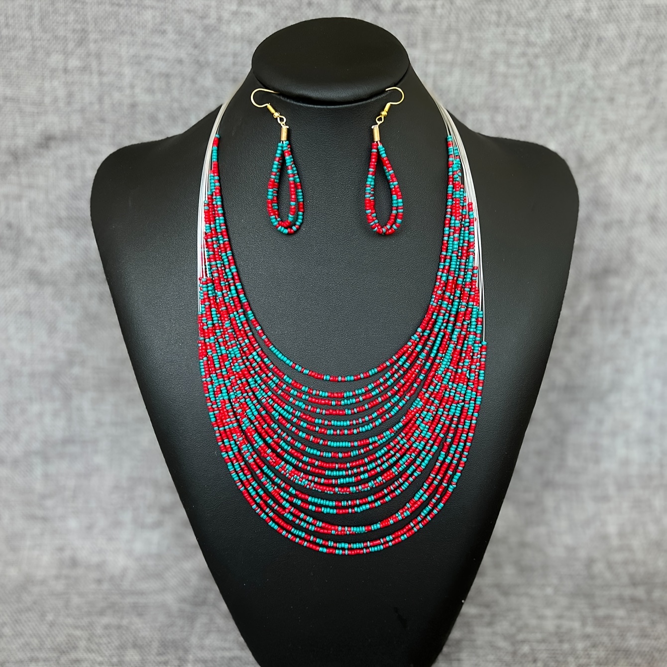 

Retro Bohemian Style Christmas Color Series Rice Bead Necklace And Earring Set, Jewelry Set Accessories For Women Holiday Daily Party Clothing