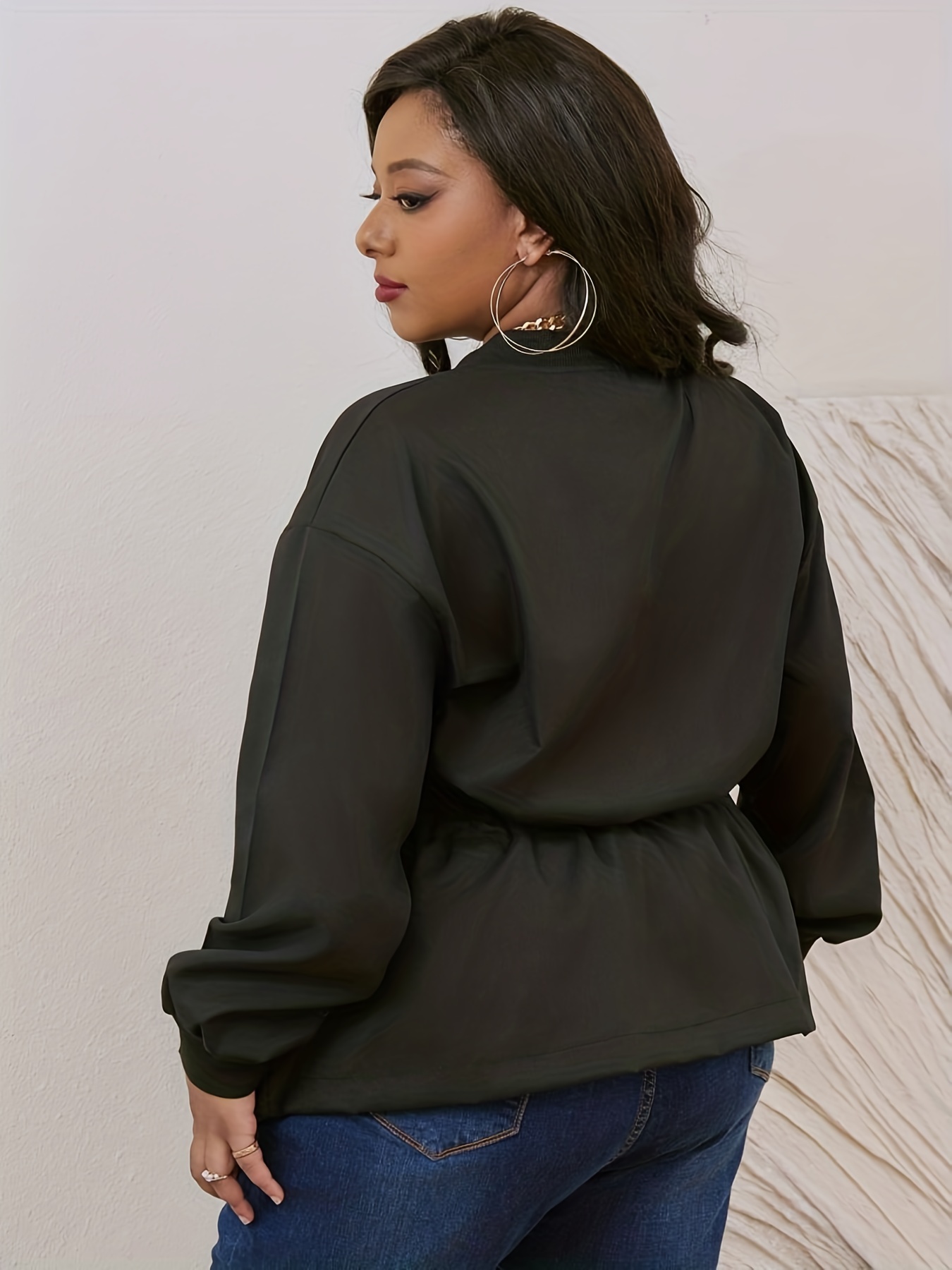 Plus Size Jacket, Women's Plus Solid Sleeve Drawstring Waist Zipper Jacket - Temu