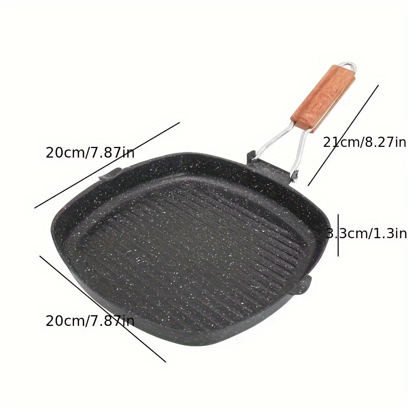 Non-stick Metal Grilling Skillet with Folding Wooden Handle Grill Skillet  Pan with Holes Removable Handle for Barbecue Pan