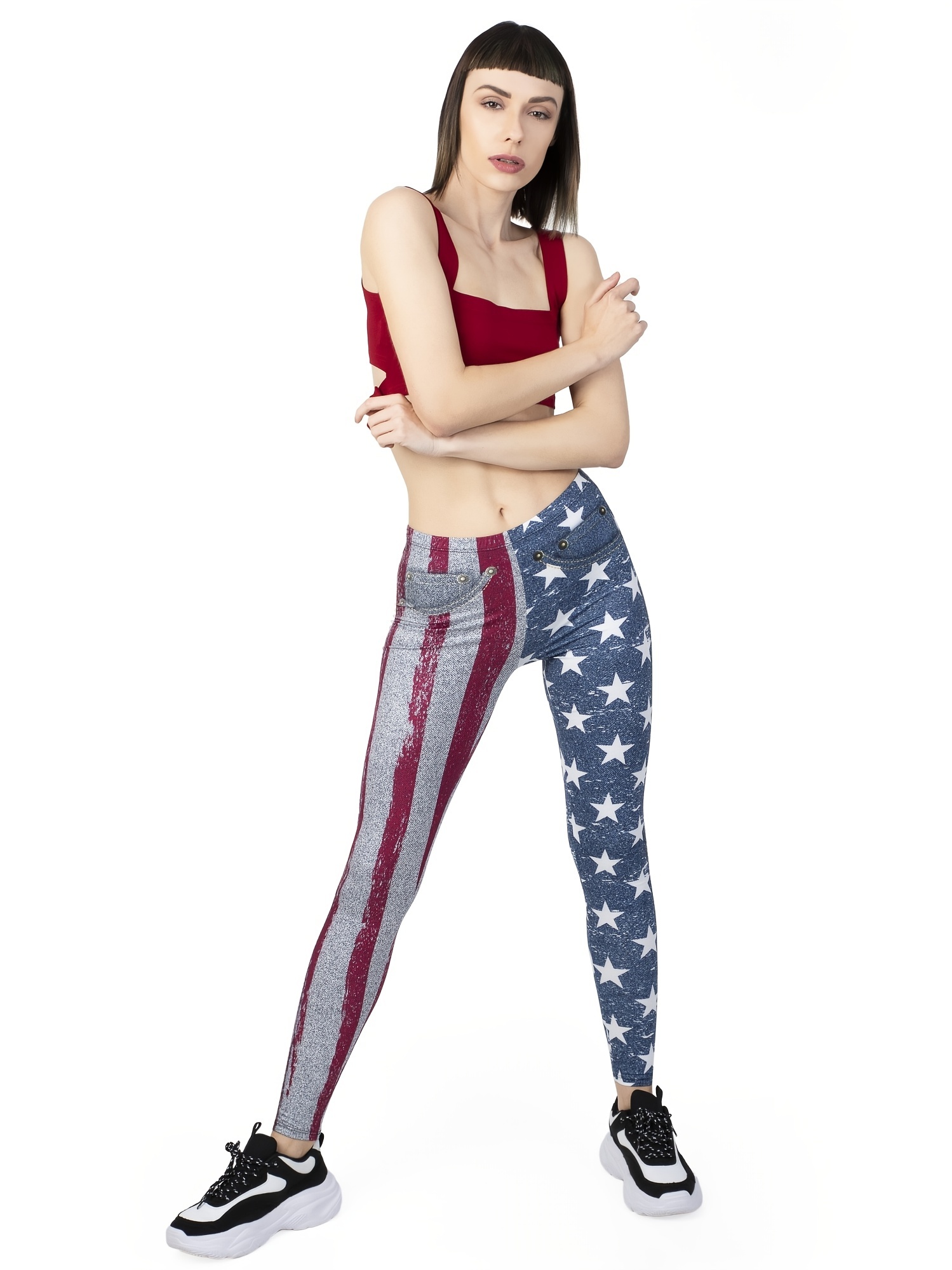 American Flag Print Skinny Leggings, Casual High Waist Stretchy Leggings,  Women's Clothing