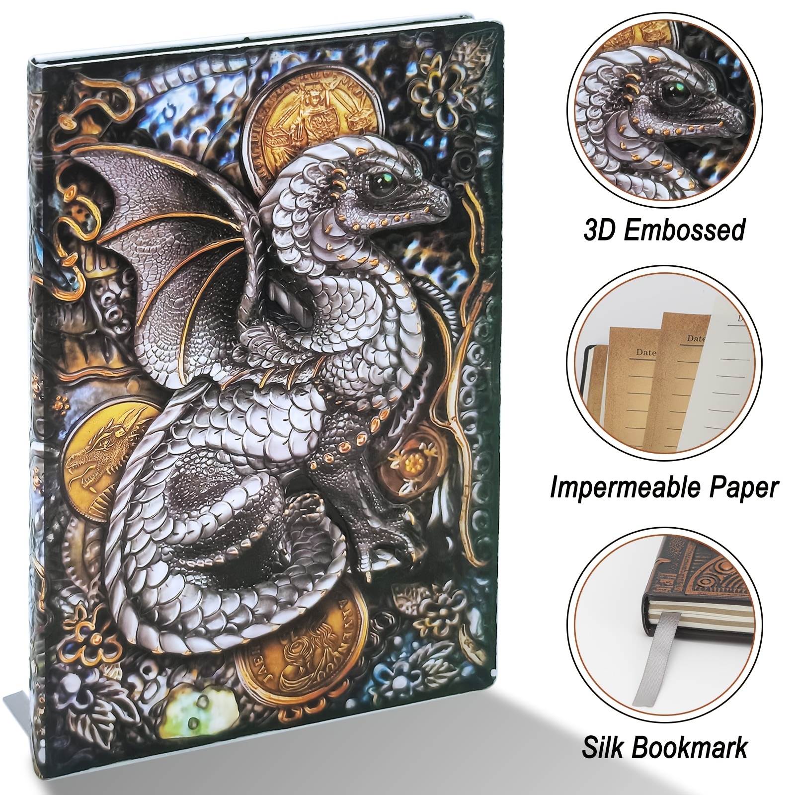 Notebook / Journal, Unique 200 Page Book with 3D Silver Dragon