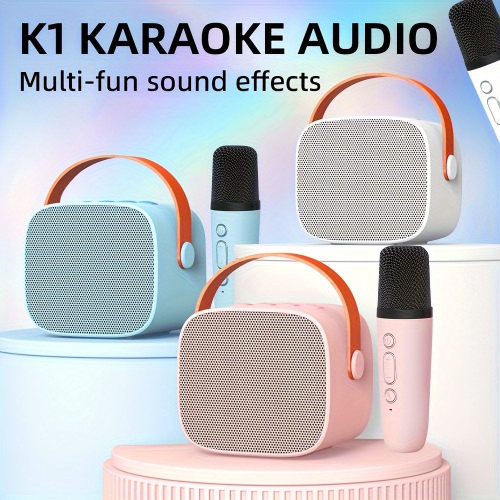 Mini máquina de Karaoke con 2 micrófonos inalámbricos, altavoz BT portátil,  regalos para niñas y niños, fiesta de cumpleaños, conjunto KTV en casa  blanco