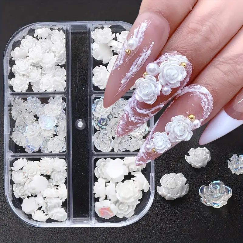 3D White Flower Nail Charm Set, Glitter Pearl Nail Art Metallic