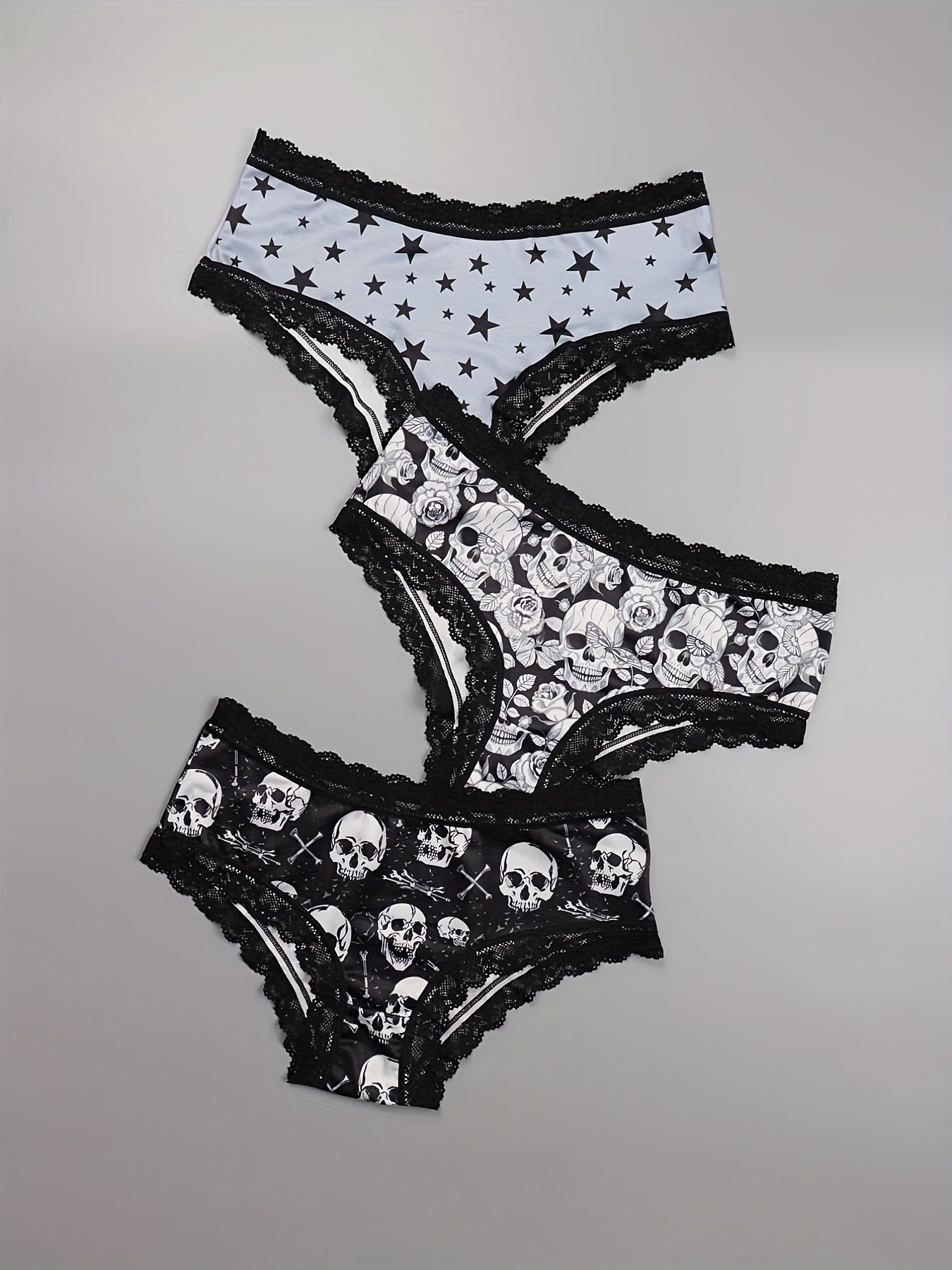 3 Pack Plus Size Sexy Panties Set, Women's Plus Skull & Star Pattern  Contrast Lace Trim Low * Bikini Underwear 3pcs Set