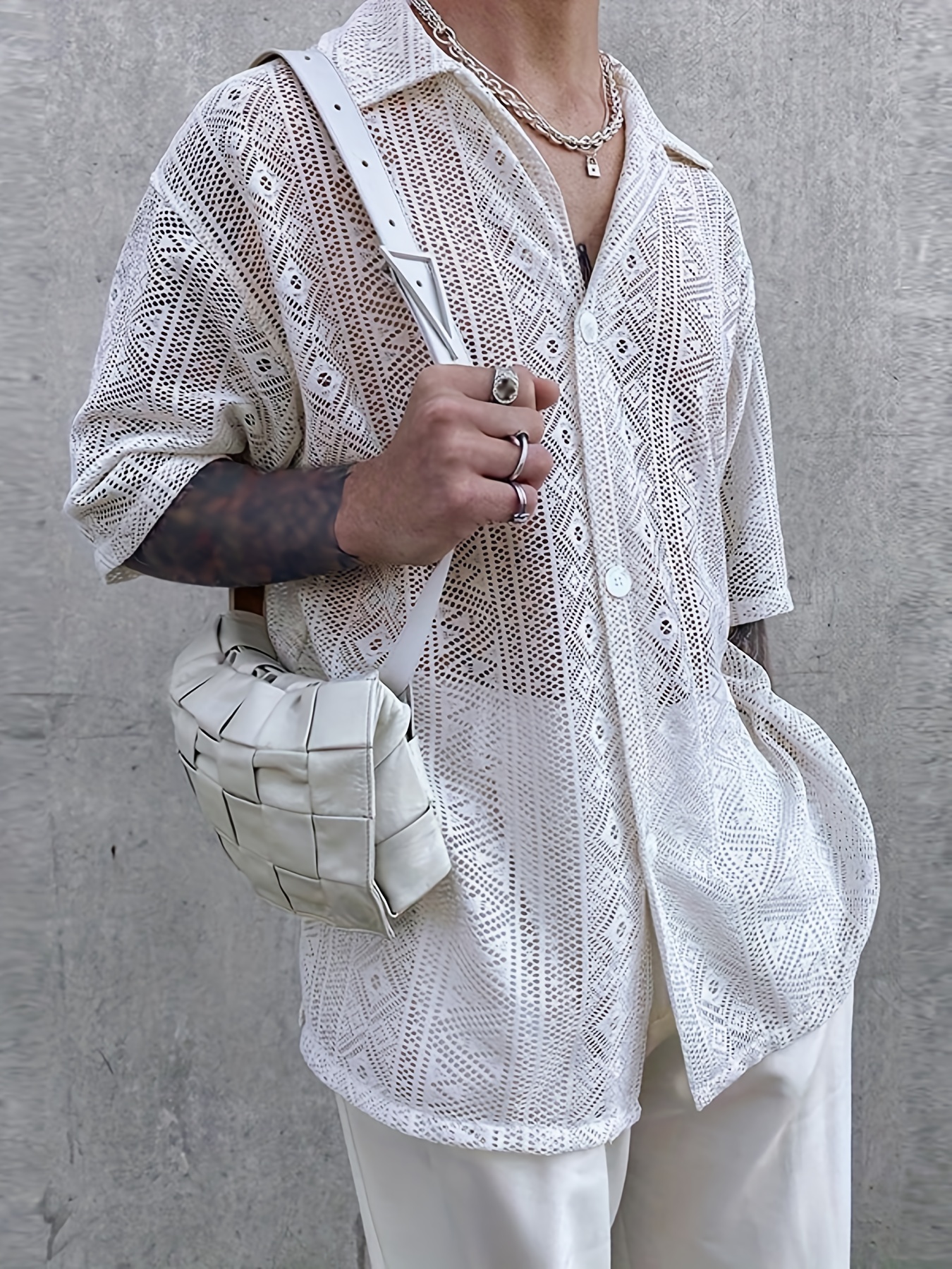 Men's Glitter Mesh Shirts Breathable See Lapel Long Sleeve - Temu