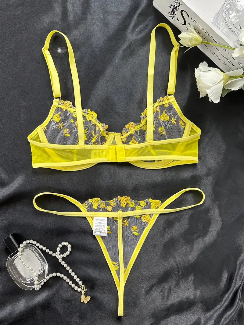 floral embroidery lingerie set sheer unlined bra mesh thong womens sexy lingerie underwear details 3